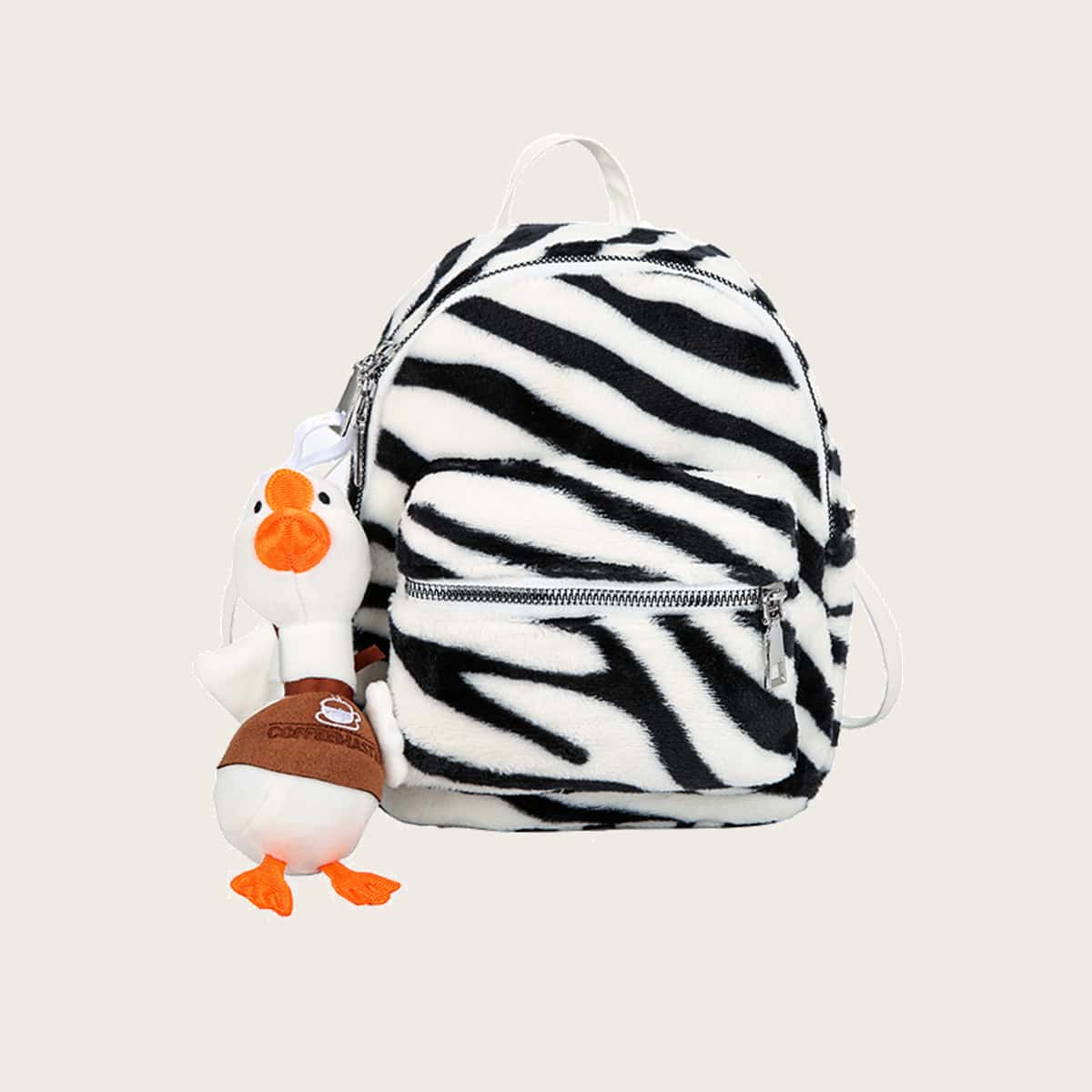 

Zebra Striped Fluffy Backpack, Black and white