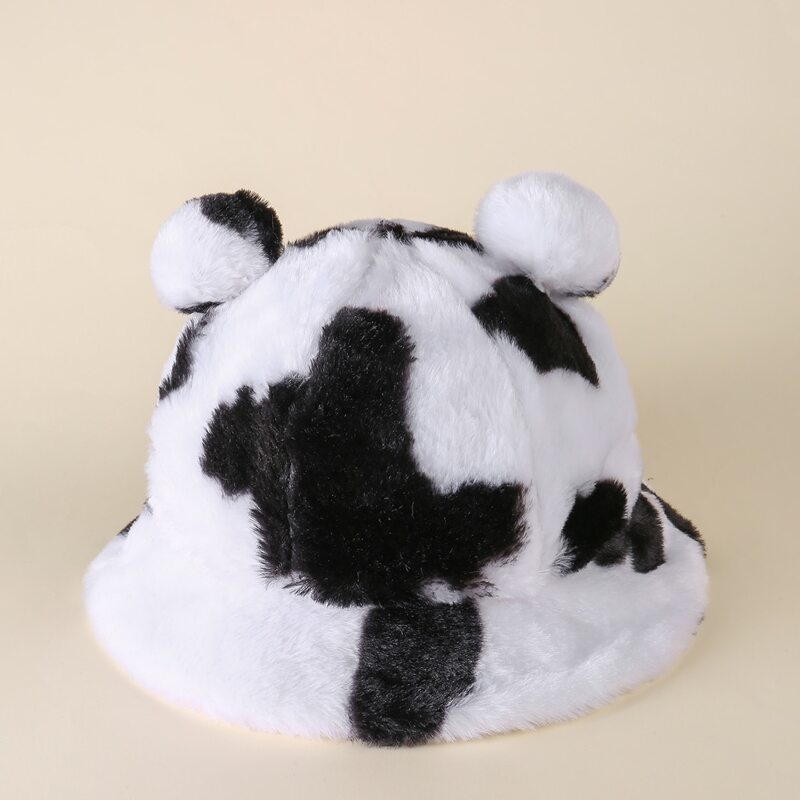 

3D Ears Cow Print Fluffy Bucket Hat, Black and white