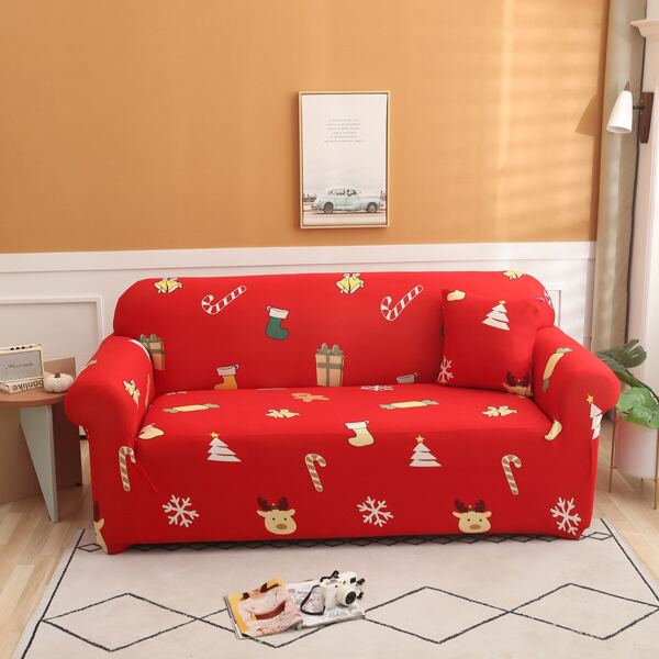 

Christmas Pattern Stretchy Sofa Cover & 1pc Cushion Cover, Red