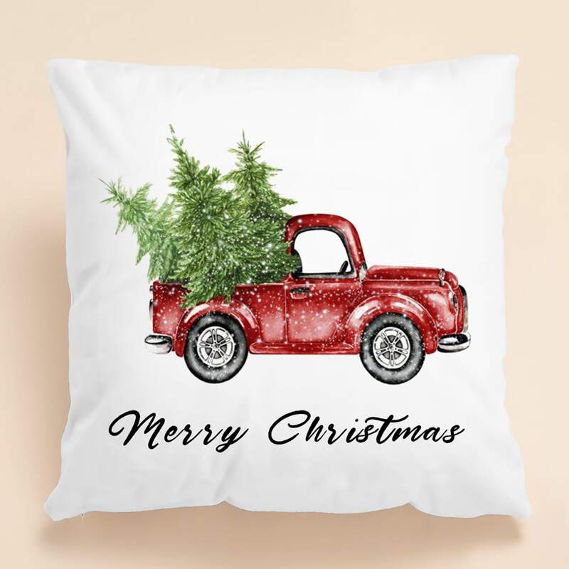 

Christmas Car Print Cushion Cover Without Filler, White