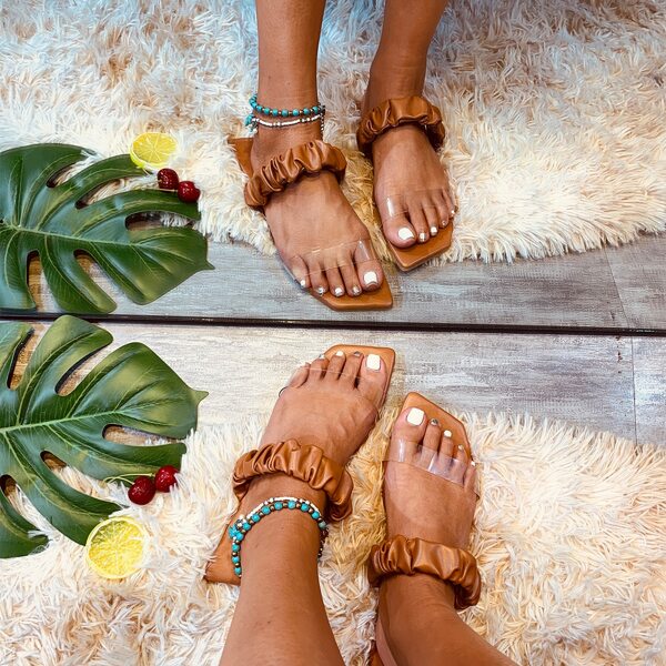 

Clear Ruched Slide Sandals, Brown