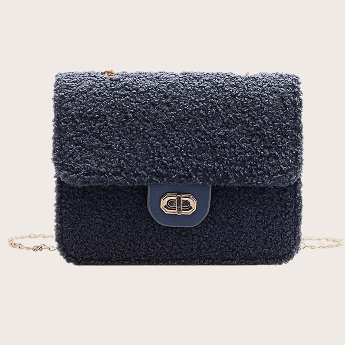 

Solid Fluffy Chain Crossbody Bag, Navy blue