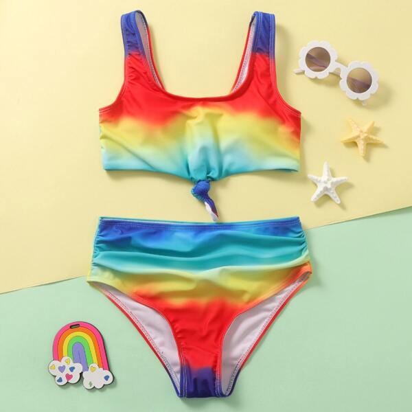 

Girls Tie Dye Knot Hem Bikini Swimsuit, Multicolor