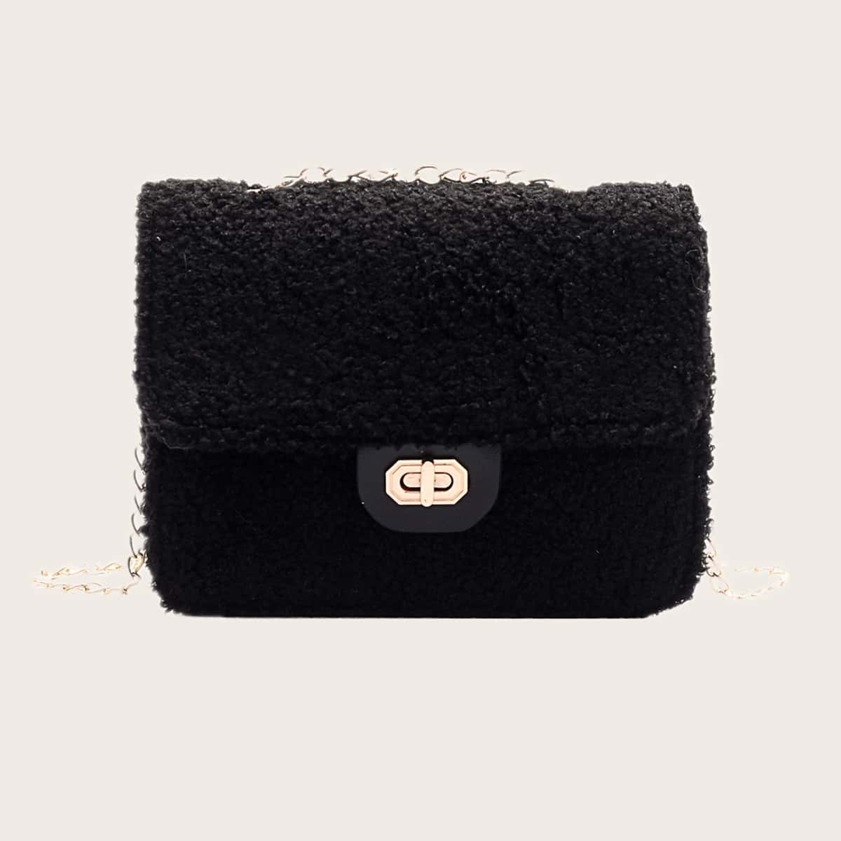 

Solid Fluffy Chain Crossbody Bag, Black
