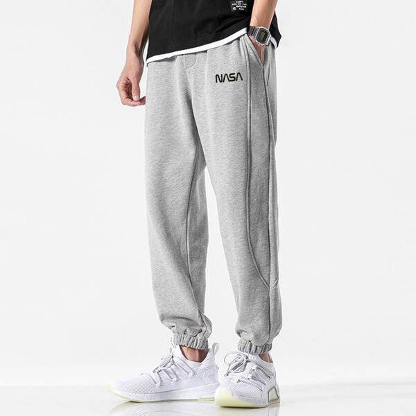 

Men Letter Graphic Slant Pocket Pants, Light grey