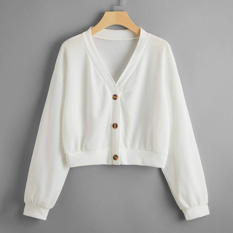 

Solid Button Front Crop Cardigan, White
