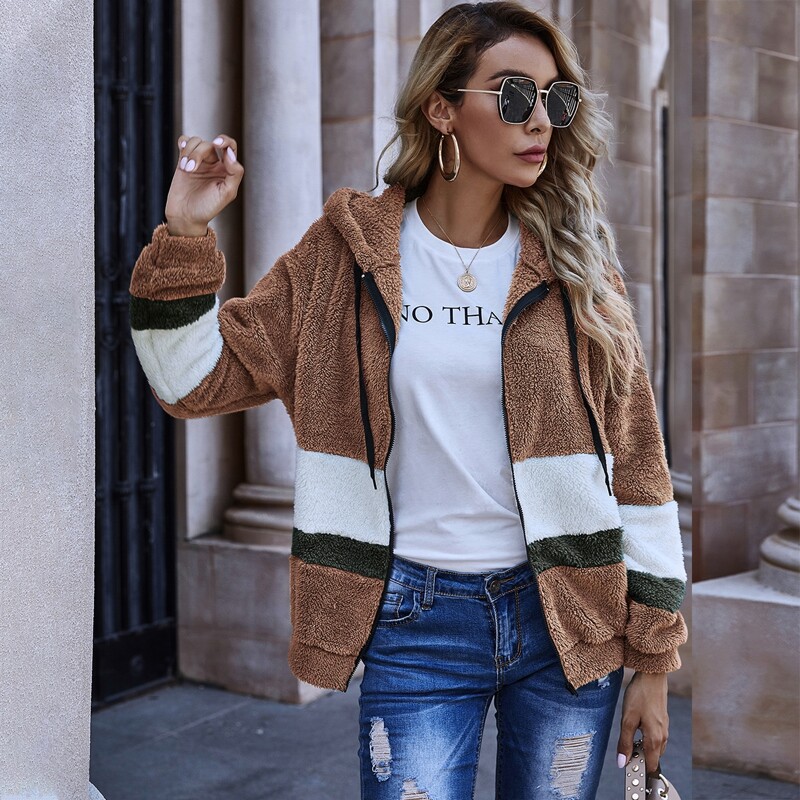 

Colorblock Zip Up Hooded Teddy Jacket, Coffee brown
