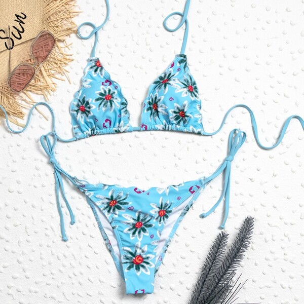 

Floral Triangle Tie Side Bikini Swimsuit, Multicolor