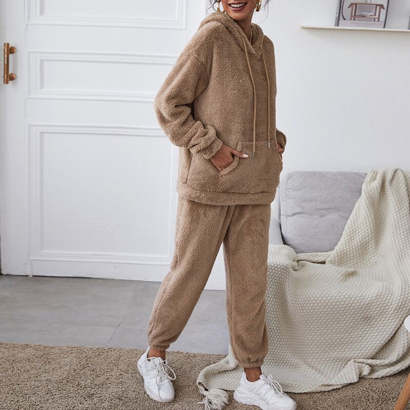 

Drop Shoulder Teddy Drawstring Hoodie & Pants Set, Brown