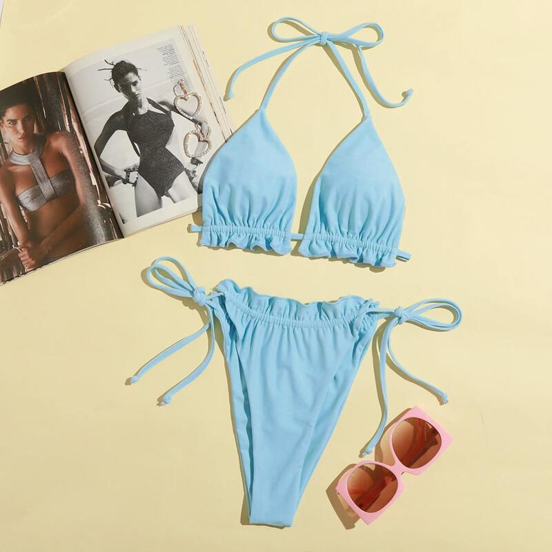 

Tie Side Lettuce Edge Bikini Swimsuit, Baby blue