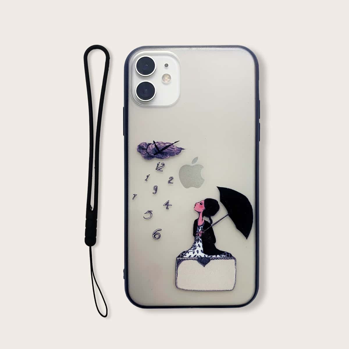 

Girl Print Contrast Frame iPhone Case With Lanyard, Multicolor