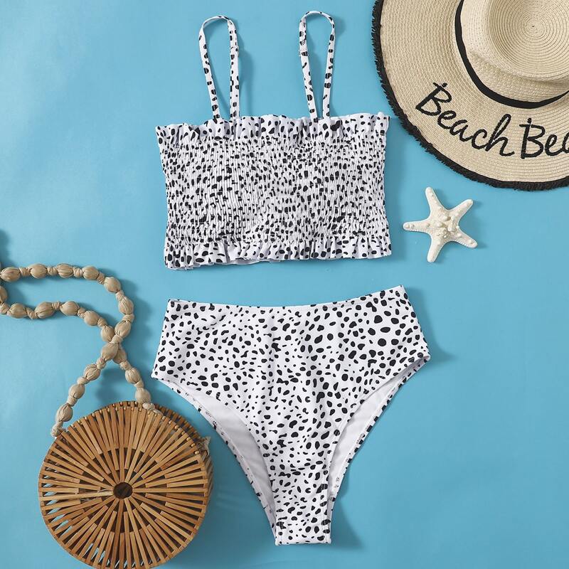 

Dalmatian Smocked Bikini Swimsuit, Black and white