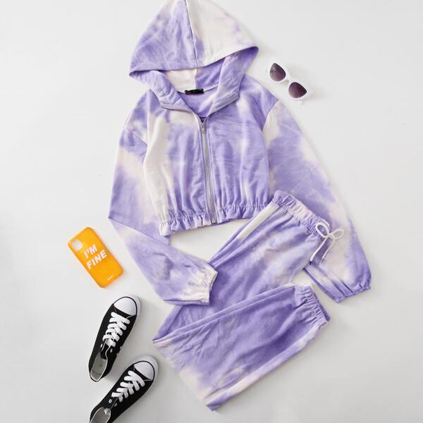 

Tie Dye Zipper Up Hoodie & Drawstring Sweatpants, Lilac purple