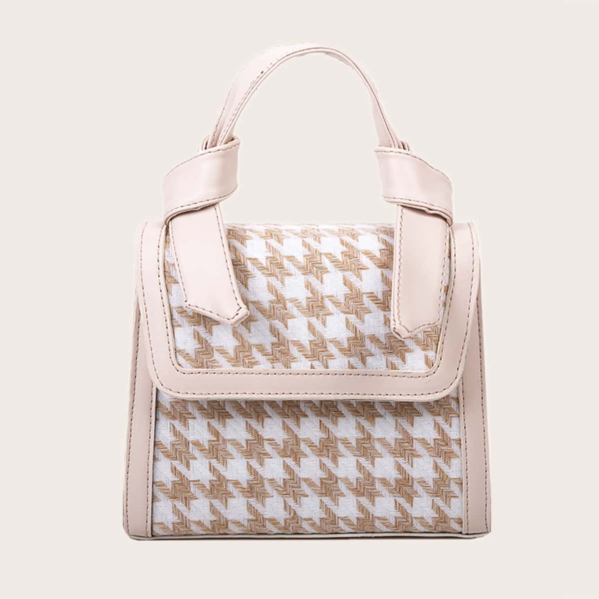 

Houndstooth Knot Handle Satchel Bag, Beige