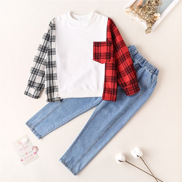 

Girls Plaid Print Sweatshirt With Elastic Waist Jeans, Multicolor