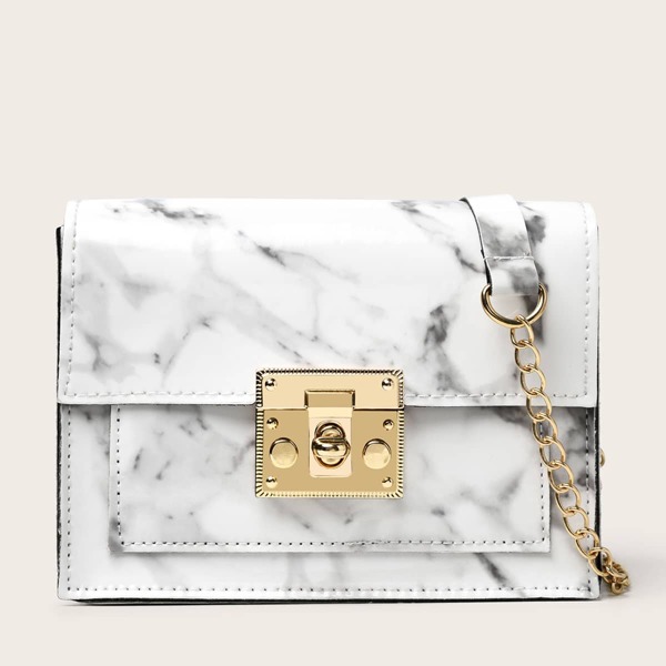 

Marble Pattern Chain Bag, White