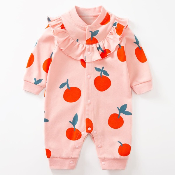 

Baby Girl Fruit Print Ruffle Trim Popper Jumpsuit, Baby pink