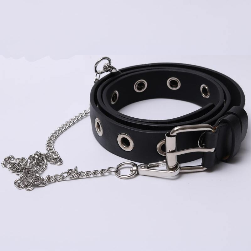

Eyelet & Chain Decor Buckle Belt, Black