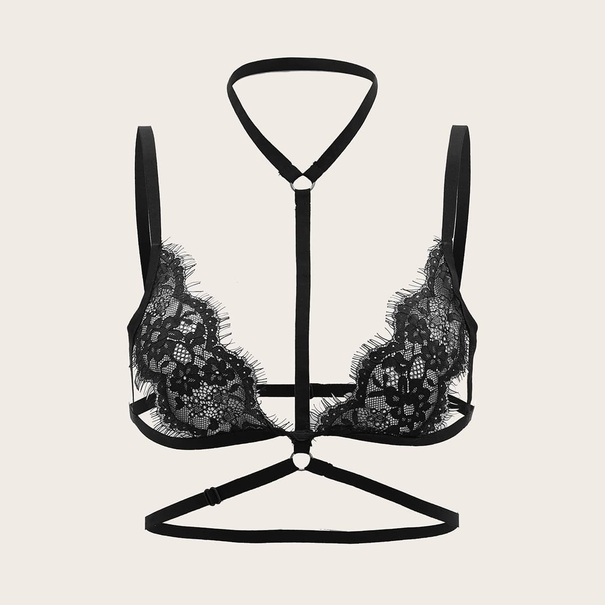

Eyelash Floral Lace Harness Bralette, Black