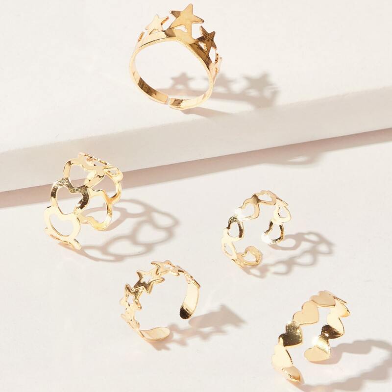 

5pcs Hollow Star & Heart Ring, Gold
