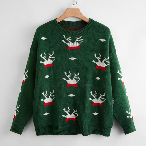 

Plus Christmas Pattern Drop Shoulder Sweater, Dark green