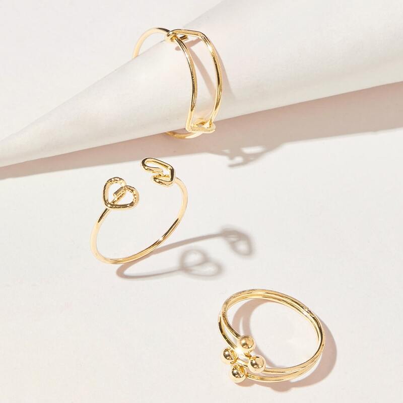 

3pcs Ball & Heart Cuff Ring, Gold