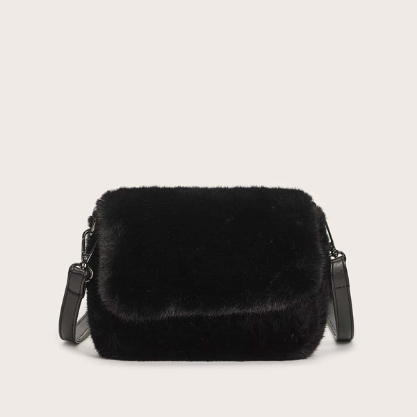 

Faux Fur Decor Crossbody Bag, Black