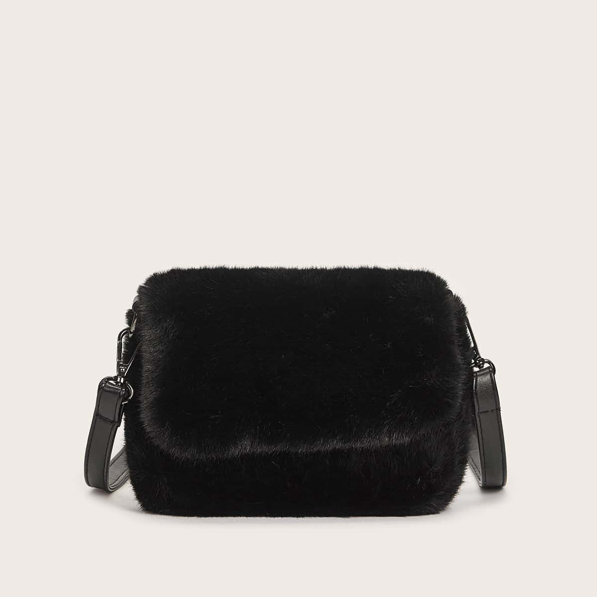 

Faux Fur Decor Crossbody Bag, Black