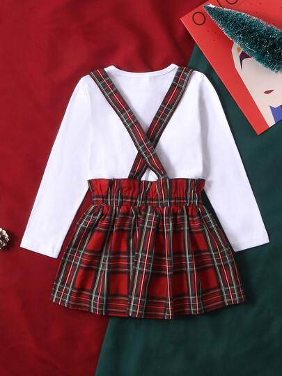 Toddler Girls Christmas Print Tee With Tartan Pinafore Skirt