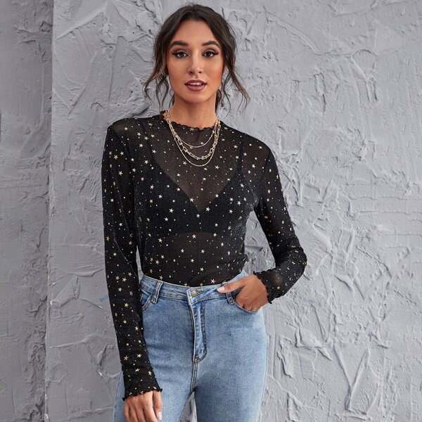 

Allover Star Pattern Lettuce Trim Sheer Mesh Top Without Bra, Black