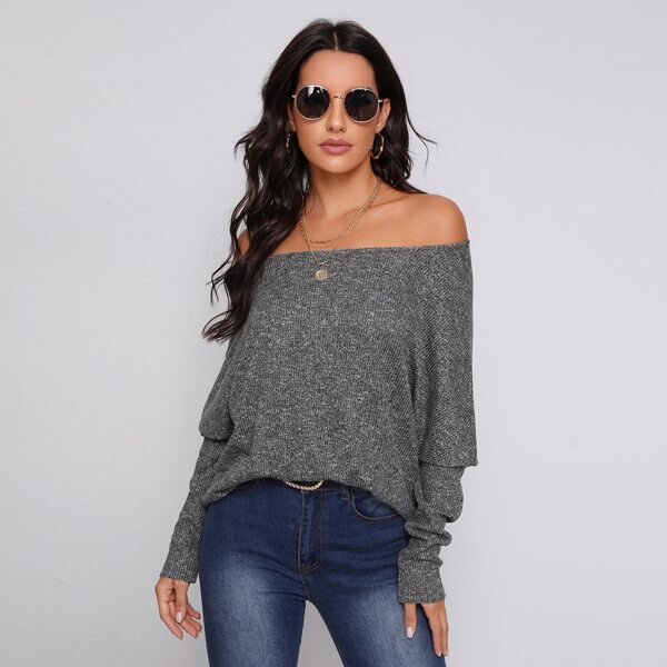 

Off Shoulder Batwing Sleeve Rib-knit Tee, Dark grey