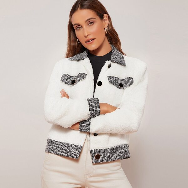 

Contrast Panel Flap Detail Teddy Coat, White
