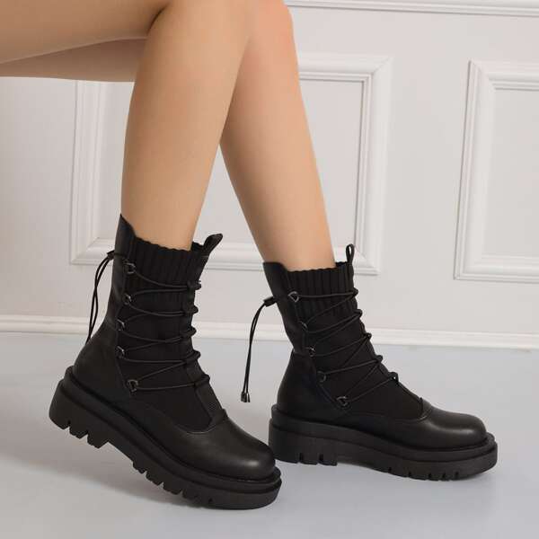 

Minimalist Drawstring Decor Combat Boots, Black