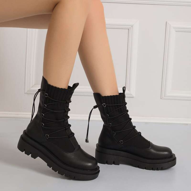 

Minimalist Drawstring Decor Combat Boots, Black