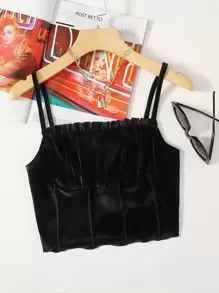 SHEIN Essnce Frill Trim Ruched Bust Velvet Crop Cami Top - màu đen - Xem 1