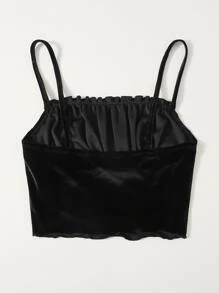 SHEIN Essnce Frill Trim Ruched Bust Velvet Crop Cami Top - màu đen - Xem 2
