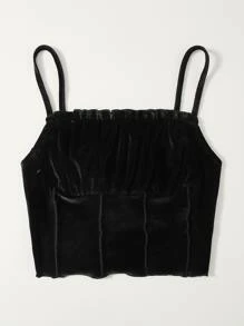 SHEIN Essnce Frill Trim Ruched Bust Velvet Crop Cami Top - màu đen - Xem 3