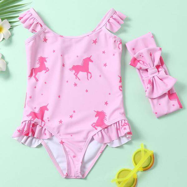 

Toddler Girls Unicorn Print One Piece Swimsuit & Headband, Pink