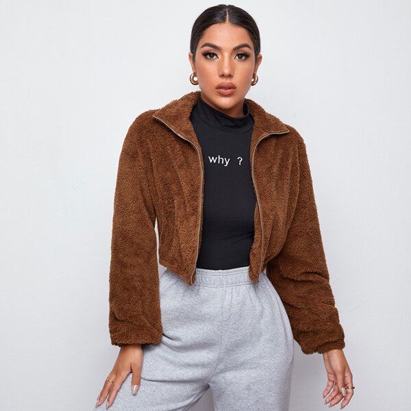 

Zipper Placket Teddy Jacket, Coffee brown