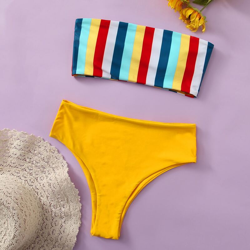 

Rainbow Stripe High Waist Bikini Swimsuit, Multicolor