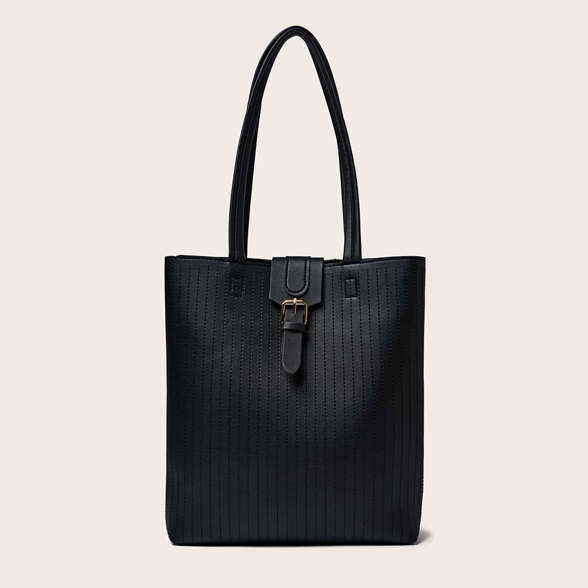 

Solid Buckle Tote Bag, Black