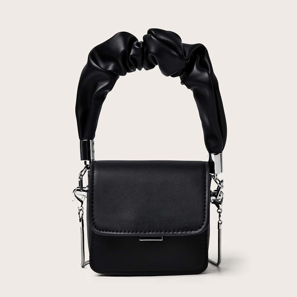 

Solid Ruched Mini Satchel Bag, Black