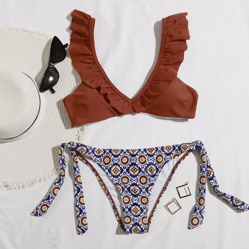 

Geometric Print Ruffle Trim Bikini Swimsuit, Multicolor