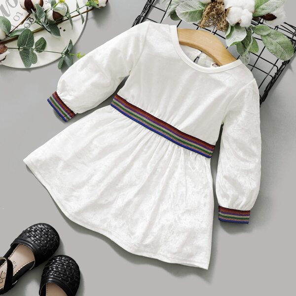 

Baby Girl Striped Tape Velvet Smock Dress, White