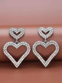 Rhinestone Decor Heart Charm Drop Earrings - Silver - View 12