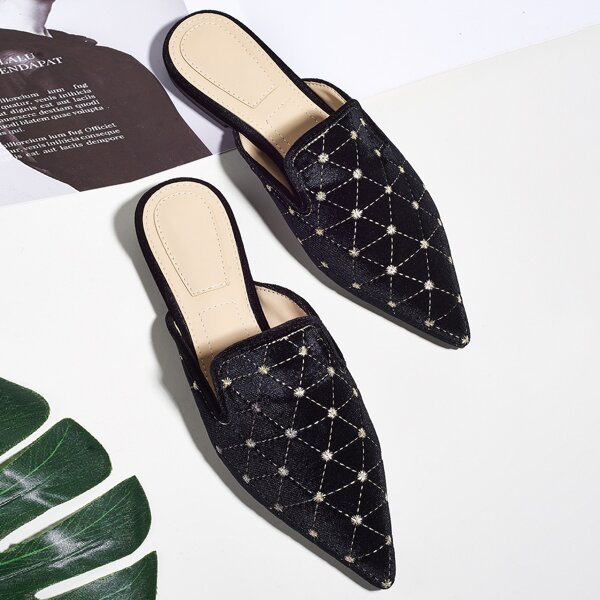 

Point Toe Quilted Mules, Black