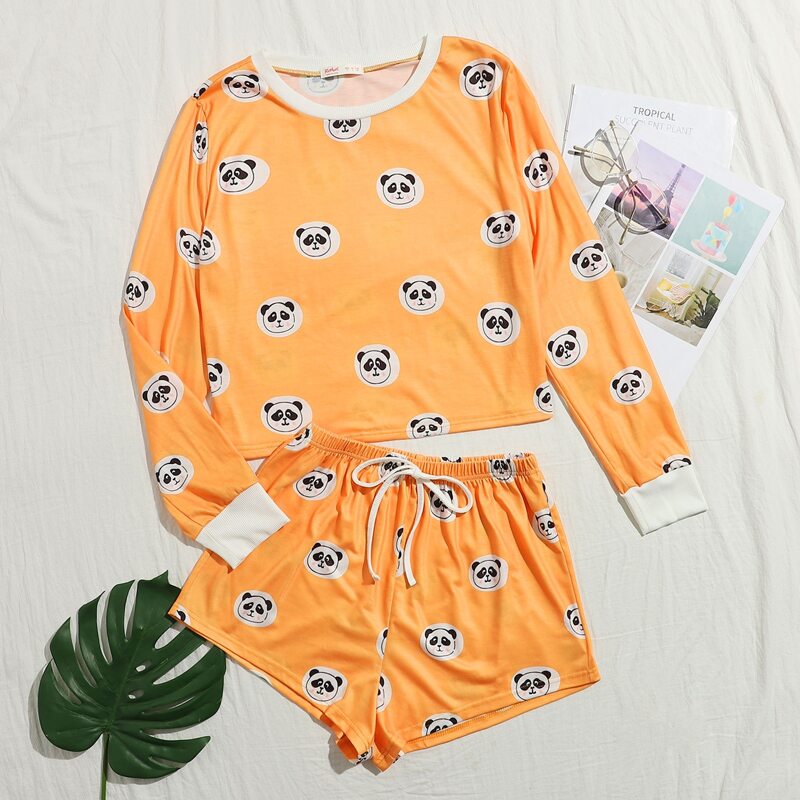 

Panda Print Tie Front Shorts PJ Set, Multicolor