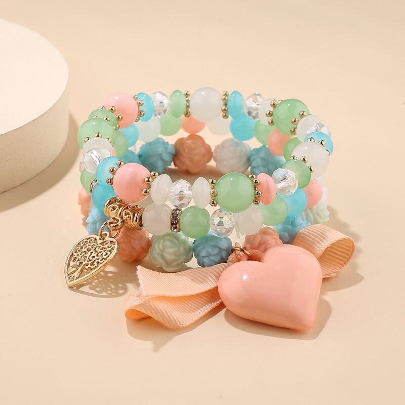 

3pcs Heart Charm Beaded Bracelet, Multicolor