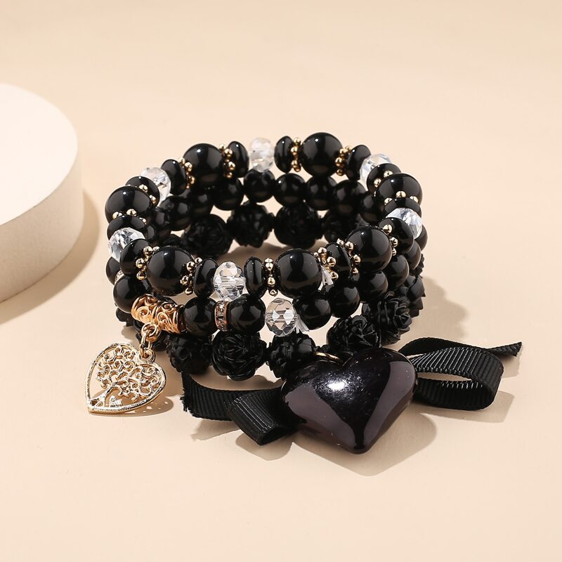 

3pcs Heart Charm Beaded Bracelet, Black