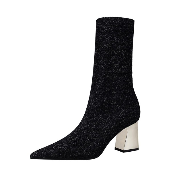 

Glitter Decor Chunky Heeled Boots, Black silver